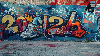 Graffiti wall adorned with spray-painted designs of graduation caps, crowns, sneakers, and numerical figures