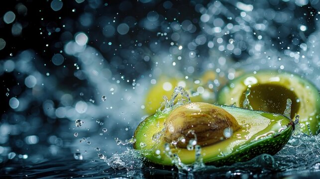 Fresh and ripe slices avocado fruit with splash water in dark background. AI generated image