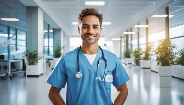 Male hospital intern stands in a medical clinic, professionally 
