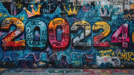 Graffiti art featuring spray-painted designs of graduation caps, crowns, sneakers, and numerical figures on a wall.
