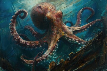 A surrealistic painting of a colossal squid lurking in the depths, its massive tentacles coiled around a sunken shipwreck in a scene of eerie beauty - obrazy, fototapety, plakaty