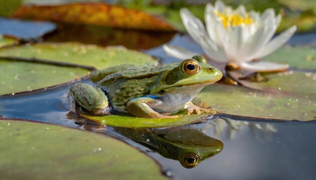 high quality photo of a frog on a lily pad in a pond with reflections