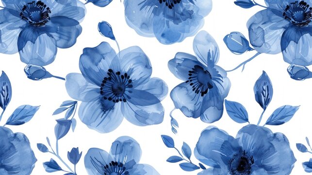 Beautiful blue flower watercolor style seamless texture background. AI generated image