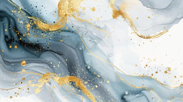 Beautiful watercolor splash painting with golden and dark marble texture background. AI generated