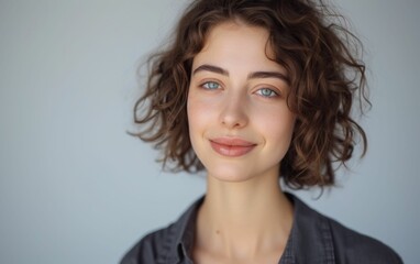 Fototapeta premium A woman with short hair and a grey shirt is smiling. She has a blue eye and a pinkish lip