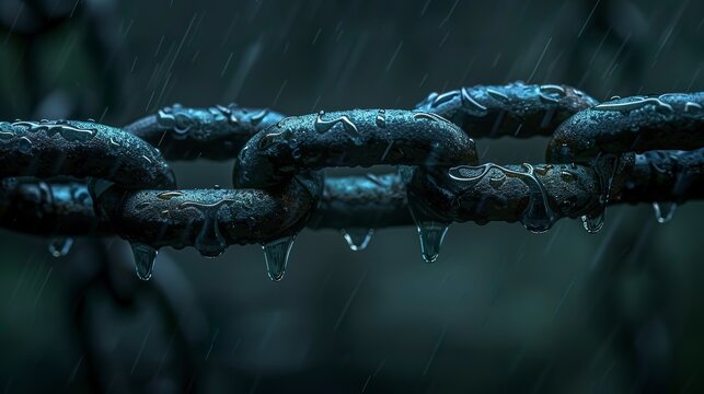 A detailed illustration depicts a sturdy, sturdy chain link suspended in heavy rain. Chain link conveying a feeling of strength and determination.