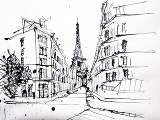 Paris, France handmade illustration. Black and white drawing of Paris. Architectural sketch.