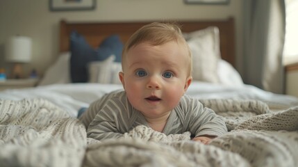 A baby is laying on a bed with a blanket. The baby is smiling and looking at the camera