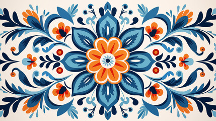 Fototapeta na wymiar Vibrant Blue and Orange Symmetrical Floral Art