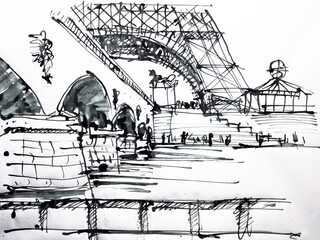 Paris, France handmade illustration. Black and white drawing of Paris. Architectural sketch.