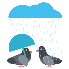 Funny vector illustration of two pigeons on a rainy day.