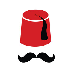 Red Turkish hat fez and black mustache vector isolated element, Turkish symbols. - obrazy, fototapety, plakaty