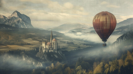 An illustration of a old-fashioned hot air balloon floats peacefully over a misty landscape featuring a majestic castle and mountains in the background.