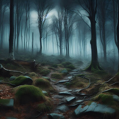 Scary Stormy Evening in the Forest Woods with Scattered Leafless Trees & a Wide Wet Muddy Rocky Lichen Ledge Moss Slopes Footpath Path Alley with Dead Grass and Leaves on Side of Mountain Landscape - obrazy, fototapety, plakaty
