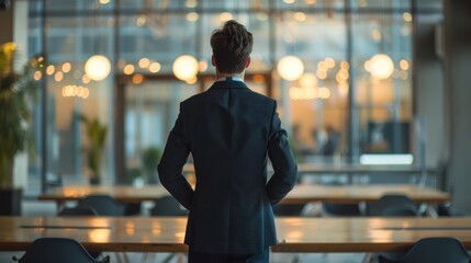 A young businessman standing alone in front of table at the office rear view. AI generated - obrazy, fototapety, plakaty