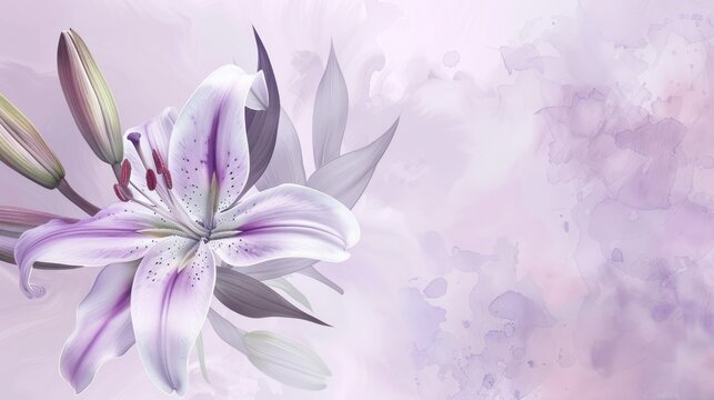 Luxury purple lily flower with watercolor style, copy space background and invitation wedding card