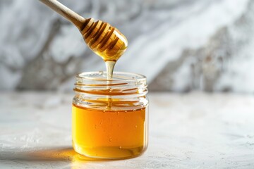 A jar of honey is poured out of a spoon. The honey is golden and thick, and it looks delicious. Concept of World Bee Day
