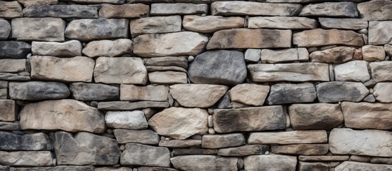 Fototapeta premium A sturdy stone wall, constructed using a combination of rocks and cement, stands tall as a reliable barrier. The rocks are tightly packed together, embedded in the hard cement,