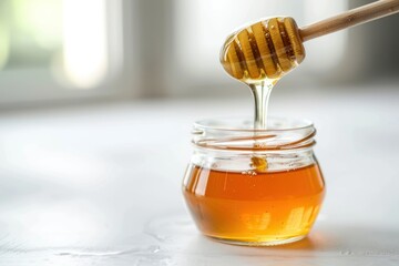 A jar of honey is poured out of a spoon. The honey is golden and thick, and it is dripping from the spoon. Concept of World Bee Day - obrazy, fototapety, plakaty