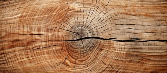 A piece of wood has been cut in half, exposing its natural texture and inner patterns. The cross-section reveals the intricate details of the woods grain and color variations. - obrazy, fototapety, plakaty