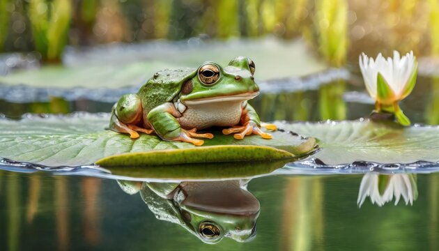high quality photo of a frog on a lily pad in a pond with reflections