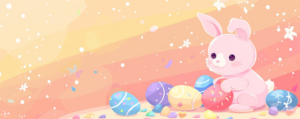 Cute pink easter bunny with eggs colorful copy space illustration