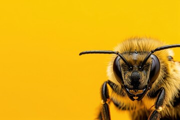 A close up of a bee with its head down. The bee is on a yellow background. Concept of World Bee Day