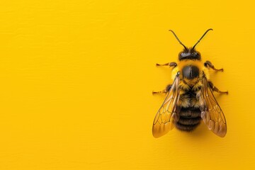 Concept of World Bee Day. A yellow background with a black and yellow bee on it - obrazy, fototapety, plakaty