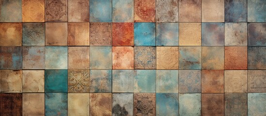 A wall made up of different colored tiles, creating a vibrant and unique decor for interior home spaces. The tiles display a rustic ceramic design, heavily mixed to form an artistic wall art decor.
