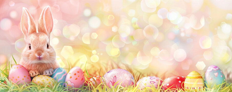 Cute pink easter bunny with eggs on the grass colorful copy space illustration