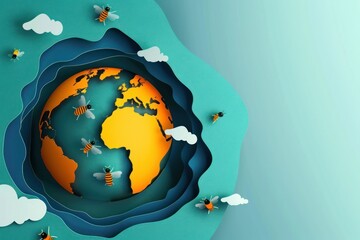 A paper cutout of a globe with a yellow and orange outline and a blue background. The globe is surrounded by a blue and green border. Concept of World Bee Day
