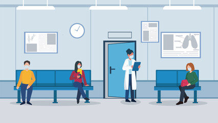 Vector illustration of a group of patients waiting doctor in hospital hall for a medical appointment. Medical healthcare background.