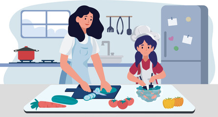 Mother and daughter preparing meal together in kitchen.They collaborate to cook. Vector illustration.-
