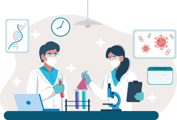 Two scientists working together in a well-equipped laboratory. Male and female professionals collaborate on a scientific experiment. Vector illustration. 