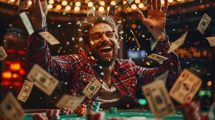 A man experiencing victory while playing poker at the casino