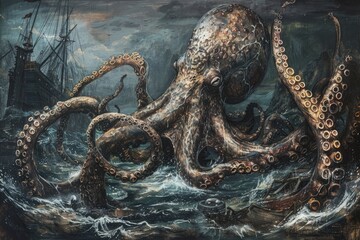 A surrealistic painting of a colossal squid lurking in the depths, its massive tentacles coiled around a sunken shipwreck in a scene of eerie beauty - obrazy, fototapety, plakaty