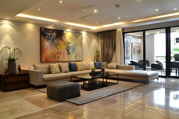 Contemporary living room decor with abstract art elements and a mix of modern and traditional furniture