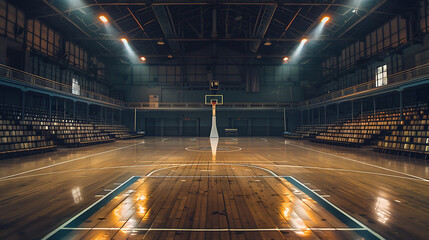 The image depicts an empty indoor basketball court within a spacious stadium