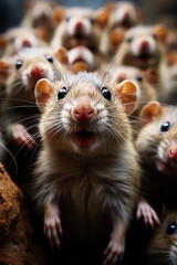 Close-up of mice with bright eyes full of wonder amidst rocks
