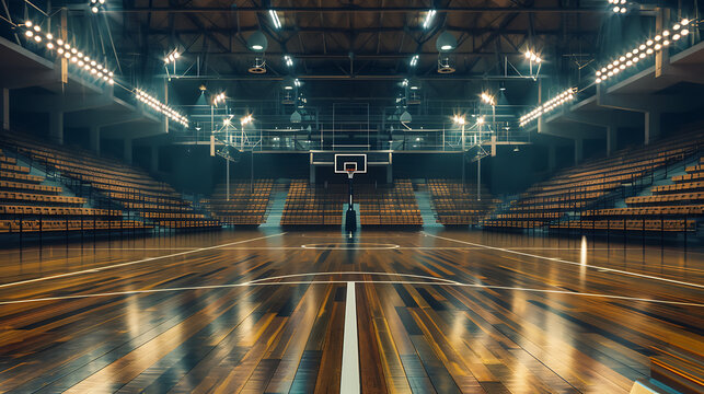 The image depicts an empty indoor basketball court within a spacious stadium