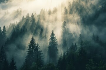 Misty sunrise illuminating the dense forest Creating a serene and mystical atmosphere