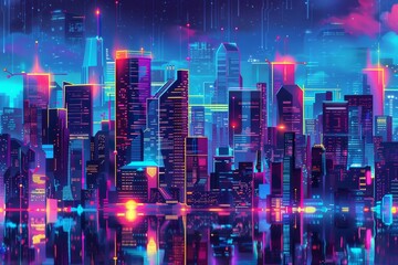 Fototapeta na wymiar Nighttime cityscape in a cyberpunk metropolis with vibrant neon lights Advanced technology And a hint of dystopian flair. perfect for futuristic city illustrations and digital art projects.