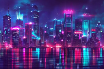 Nighttime cityscape in a cyberpunk metropolis with vibrant neon lights Advanced technology And a hint of dystopian flair. perfect for futuristic city illustrations and digital art projects