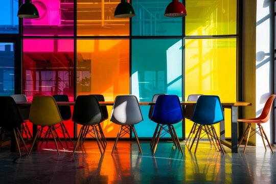 Meeting room silhouette with colorful glass windows Creating a vibrant and creative space for collaboration and brainstorming