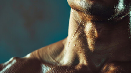 Kraft in Fokus: Der muskulöse Hals eines athletischen Mannes mit laufenden Schweißtropfen nach dem Training. - obrazy, fototapety, plakaty