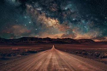 Tuinposter Road to discovery through a surreal desert landscape Under a galaxy-filled sky Signifying the journey of exploration and the vastness of nature. © Bijac