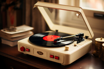 Retro Turntable Playing Vinyl Record in a Cozy Room - obrazy, fototapety, plakaty