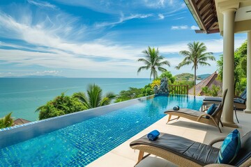 Tropical resort balcony with stunning ocean view. luxurious vacation spot with infinity pool.