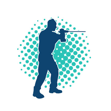 recommend clip art: Silhouette of man in construction worker costume carrying drill power tool. Silhouette of construction worker male in action pose with power tool driller. 