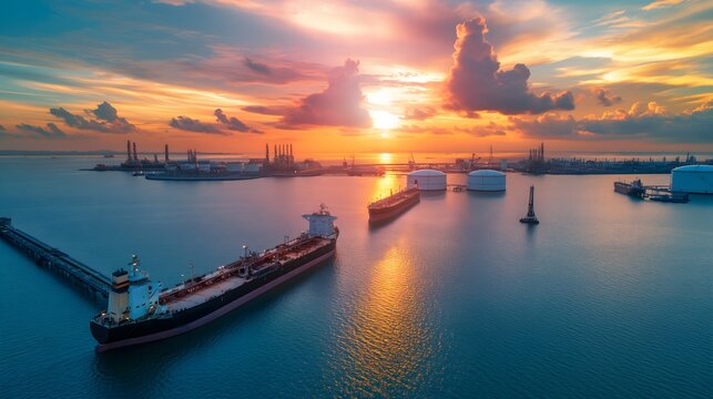 Drohnenaufnahme einer Hafenanlage mit Öltanks und Flüssiggastanks, Tanks voll mit Gas und Öl, Konzept Energieinfrastruktur